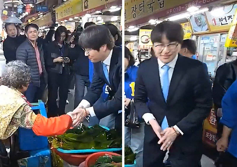 부산 북갑 보궐선거에 출마하는 하정우 전 대통령AI미래기획수석비서관이 지난달 29일 부산 북구 구포시장에서 한 상인과 악수를 나누고 있다(왼쪽 사진). 하 전 수석은 이날 지역 상인들과 악수를 한 후 손을 터는 모습(오른쪽 사진)이 여러 번 포착되며 논란이 일었다. 하 전 수석은 30일 “손이 저려 무의식적으로 손을 터는 동작을 했다”고 해명했다. 사진 출처 X