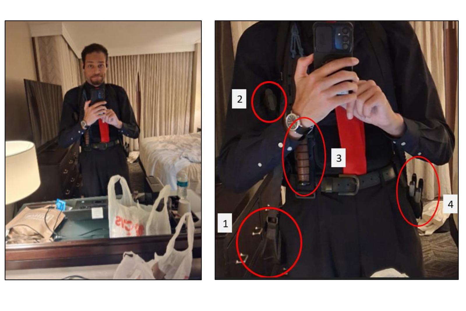 사진은 미국 법무부(DOJ)가 2026년 4월 29일 법원에 제출한 서류에 포함된 자료.  사진 속 인물은 백악관 출입기자단 만찬 총격 사건의 용의자 콜 토머스 앨런으로, 사건 당일인 2026년 4월 25일 토요일 워싱턴의 호텔 객실에서 거울에 비친 자신의 모습을 휴대폰으로 촬영한 장면이다.  왼쪽이 원본이고, 오른쪽은 화질을 개선해 선명하게 만든 버전이다. 미법무부 제공 AP 뉴시스.