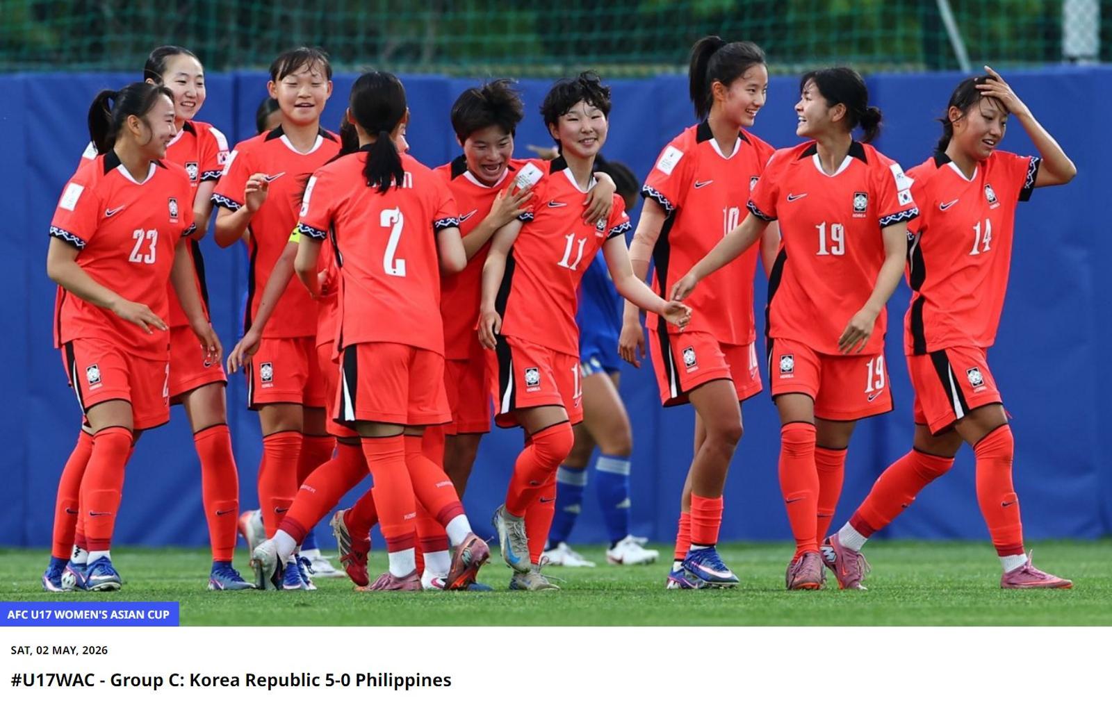 한국 여자 U-17 대표팀, 아시안컵 첫 경기서 필리핀에 5-0 대승
