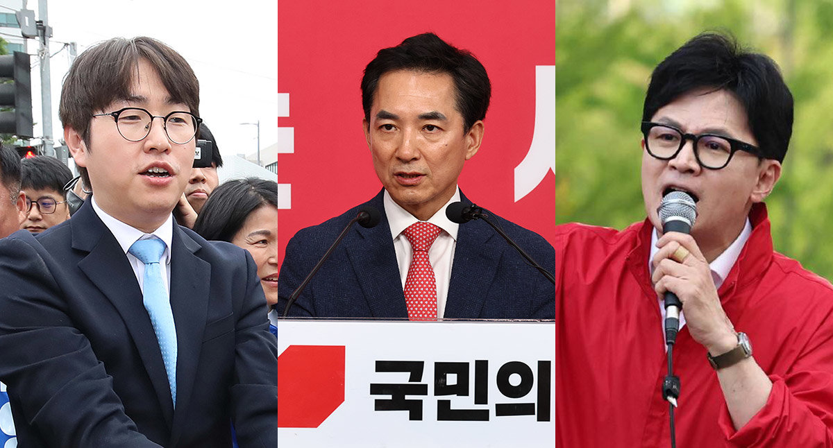 부산 북갑 국회의원 보궐선거가 더불어민주당 하정우 전 대통령AI미래기획수석비서관(왼쪽), 국민의힘 박민식 전 국가보훈부 장관(가운데), 한동훈 전 국민의힘 대표의 대결로 확정됐다. 뉴스1·뉴시스