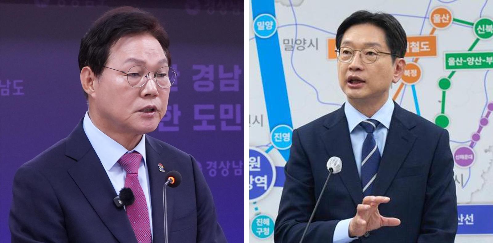 김경수 더불어민주당 경남도지사 후보가 지난달 27일 경남도의회 브리핑룸에서 1호 공약인 ’부울경 메가시티 30분 생활권 실현’ 공약을 발표하고 있다(왼쪽사진). 박완수 국민의힘 경남도지사 후보가 지난달 28일 경남도청 프레스센터에서 1호 공약인 ’행복UP 5대 복지공약’을 발표하고 있다. 김경수 후보 선거대책위원회·박완수 후보 선거대책위원회 제공