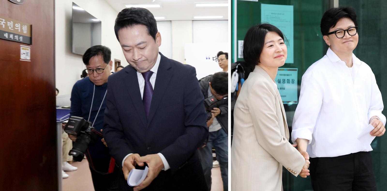 국민의힘 장동혁 대표가 5일 서울 여의도 국회에서 기자회견을 마친 뒤 회의실을 나서고 있다. 장 대표는 친한(친한동훈)계 한지아 의원 등이 부산 북갑 국회의원 보궐선거에 무소속으로 출마한 한동훈 전 대표를 지원하는 것에 대해 “필요한 조치를 하겠다”고 밝혔다(왼쪽 사진). 4일 한 의원(오른쪽 사진 왼쪽)이 부산 북구선거관리위원회를 찾아 이날 예비후보로 등록한 한 전 대표와 악수하고 있다. 이훈구 기자 ufo@donga.com·부산=뉴스1