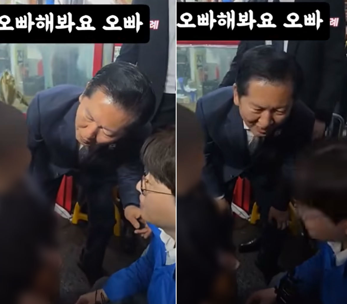 3일 부산 구포시장 등을 돌며 유세에 나선 더불어민주당 정청래 대표와 부산 북갑 보궐선거에 출마하는 하정우 후보가 한 초등학생에게 ‘오빠’라고 불러보라고 말하고 있다. 국민의힘 성일종 의원 페이스북 갈무리