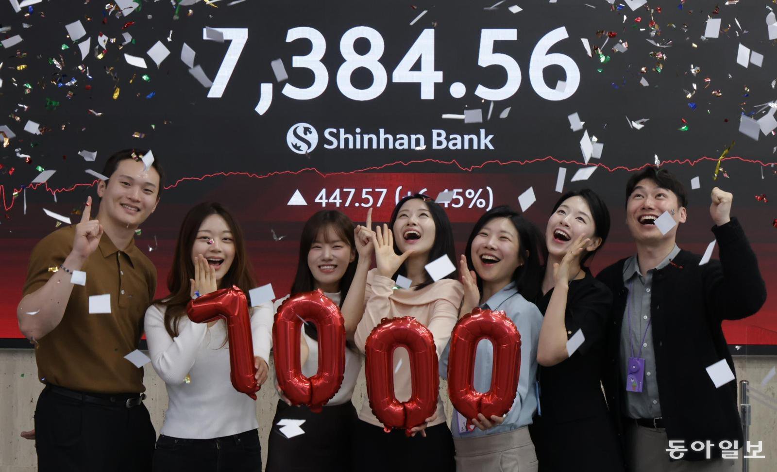6일 서울 중구 신한은행 딜링룸에서 직원들이 코스피 7,000 돌파를 축하하고 있다. 이날 코스피는 전 거래일 대비 6.45% 오른 7,384.56에 장을 마쳤다. 지난해 4월 2,293.7까지 하락했던 코스피는 약 1년 만에 반도체 랠리를 질주하며 3배로 뛰었다. 박형기 기자 oneshot@donga.com