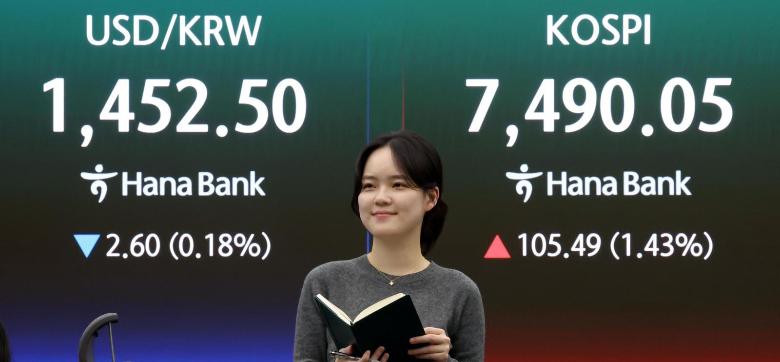 종가 기준 또 사상 최고치
7일 서울 중구 하나은행 본점 딜링룸 전광판에 코스피와 원-달러 환율이 표시돼 있다. 이날 코스피는 미국과 이란 간 종전 협상이 급물살을 탔다는 소식에 전날보다 1.43% 오른 7,490.05로 마감했다. 뉴스1