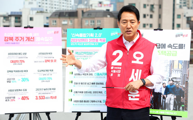 국민의힘 오세훈 서울시장 후보가 7일 서울 영등포구 재개발 현장에서 주택공약을 발표하고 있다. 뉴시스