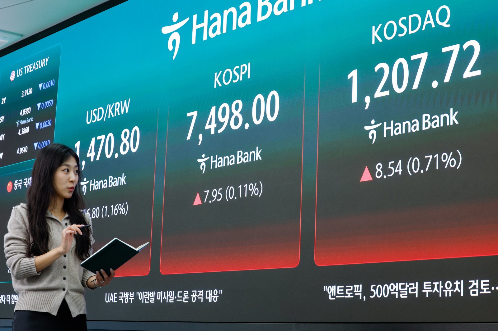코스피가 종가 기준 나흘 연속 사상 최고치를 기록한 8일 오후 서울 중구 하나은행 딜링룸에 코스피 지수가 7.95포인트(0.11%) 상승한 7498.00을 나타내고 있다. 2026.5.8. 뉴스1