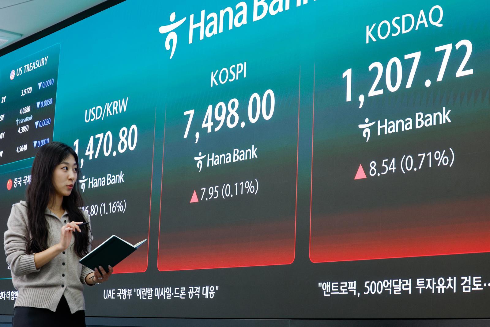 코스피가 종가 기준 나흘 연속 사상 최고치를 기록한 지난 8일 오후 서울 중구 하나은행 딜링룸에 코스피 지수가 7.95포인트(0.11%) 상승한 7498.00을 나타내고 있다. 2026.5.8 뉴스1