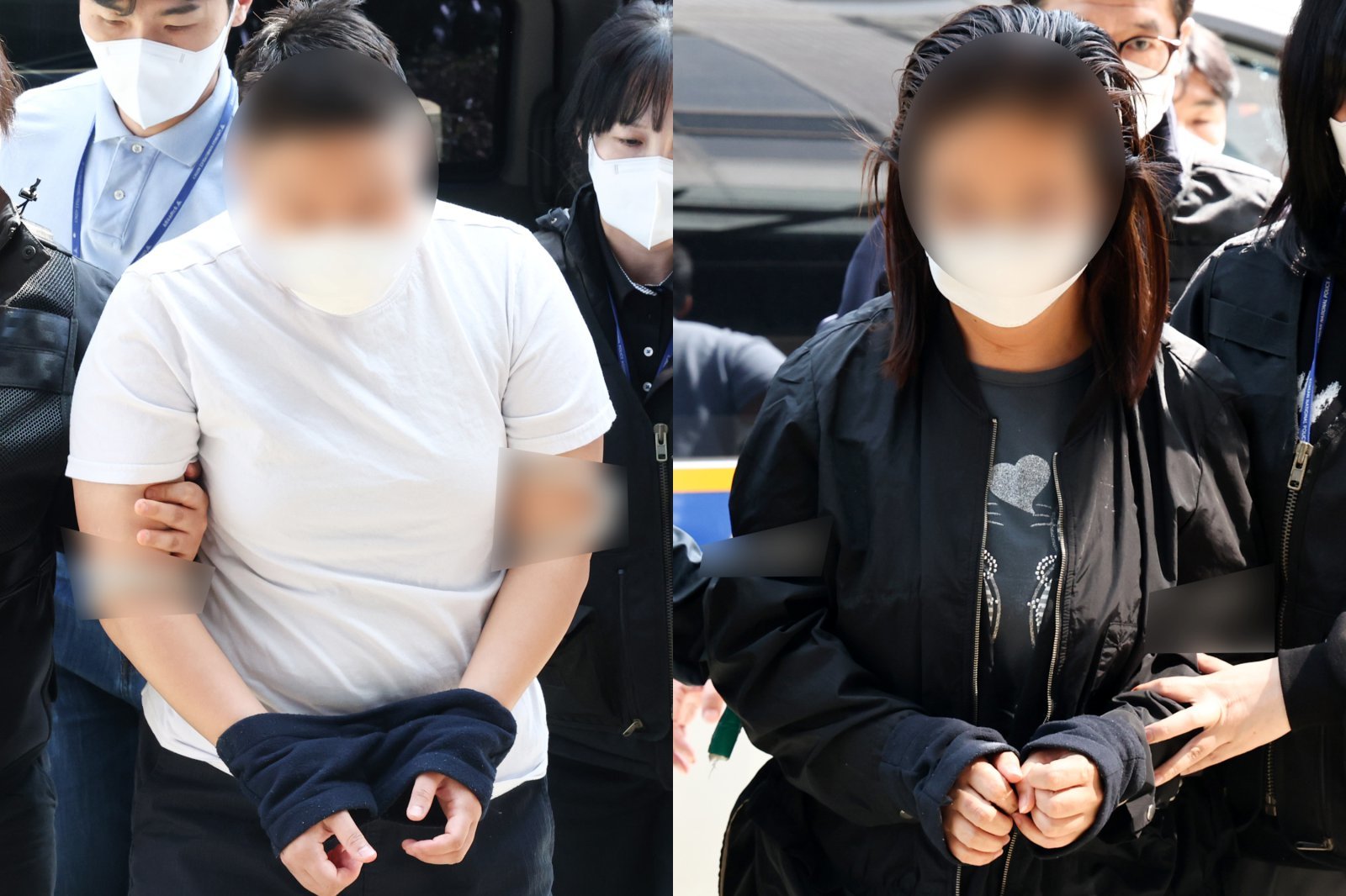 약물을 탄 술로 남편을 살해하려 한 태권도장 직원 40대 여성 B 씨(오른쪽)와 공범 20대 여성 관장 A 씨가 9일 오후 경기 부천시 인천지방법원 부천지원에서 열린 구속 전 피의자 심문(영장실질심사)에 출석하고 있다. 이들은 지난달 25일 부천시 원미구 주택 냉장고에 약물을 탄 소주 페트병을 넣어두고 B 씨 남편인 50대 남성 C 씨를 살해하려 한 혐의를 받고 있다. 2026.5.9 뉴스1