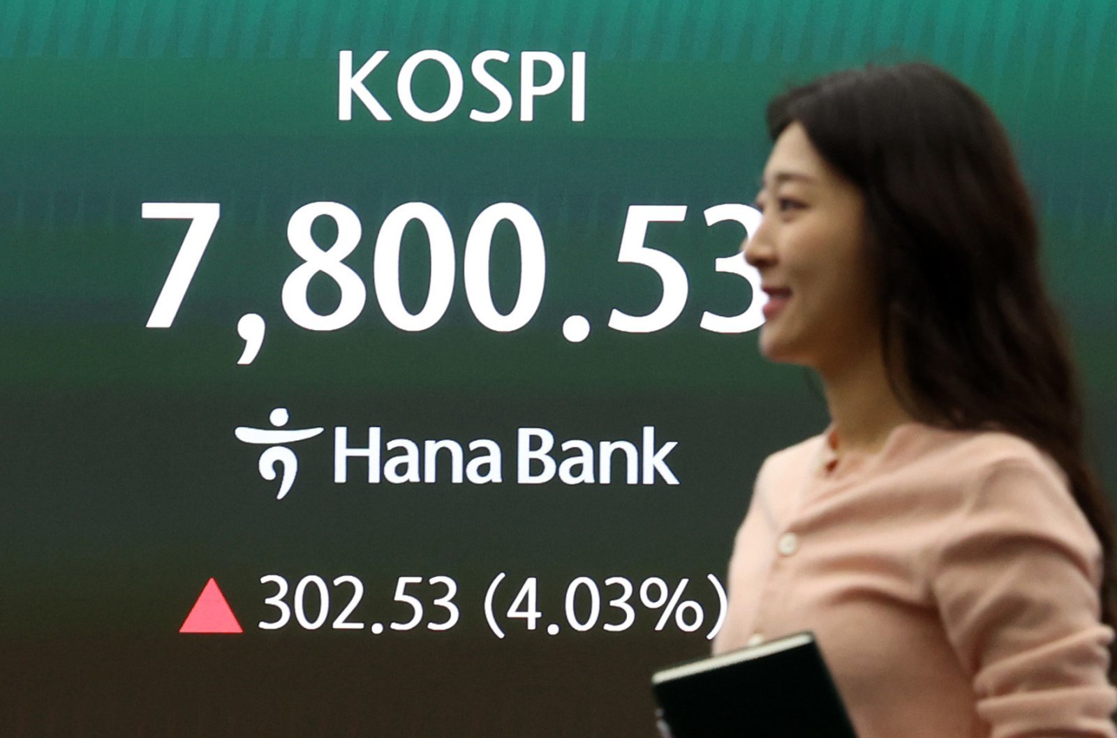 코스피가 전 거래일(7498.00)보다 277.31포인트(3.70%) 상승한 7775.31에 개장한 11일 오전 서울 중구 하나은행 딜링룸 전광판에 지수가 표시되고 있다.  코스닥 지수는 전 거래일(1207.72)보다 5.16포인트(0.43%) 오른 1212.88, 서울 외환시장에서 원·달러 환율은 전 거래일 주간거래 종가(1471.7원)보다 5.7원 내린 1466.0원에 출발했다. 2026.05.11 [서울=뉴시스]
