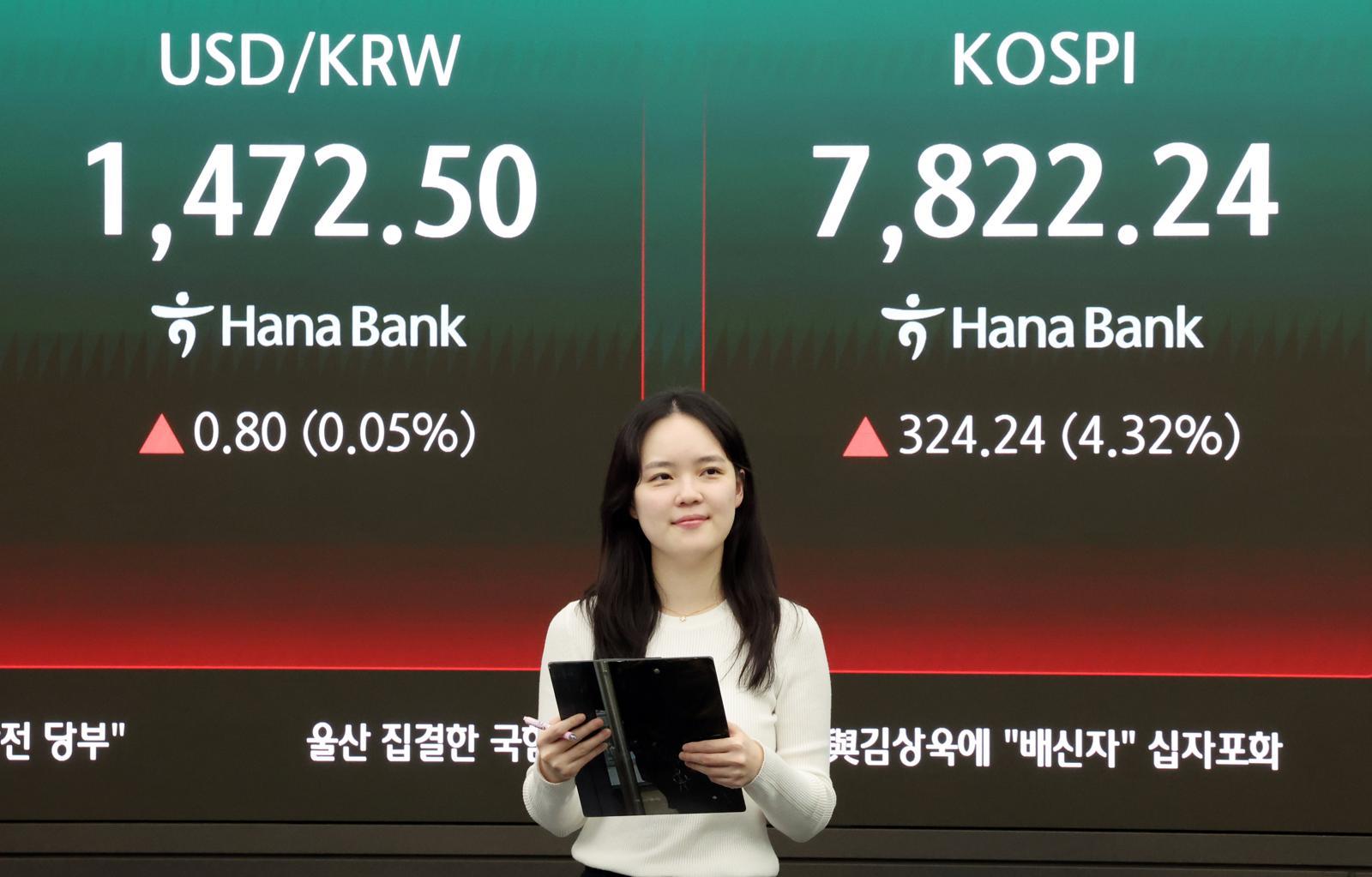 코스피가 사상 최고치를 경신한 11일 오후 서울 중구 하나은행 딜링룸에 코스피 지수가 324.24포인트(4.32%) 상승한 7822.24를 나타내고 있다.  서울외환시장에서 달러·원 환율은 전일 오후 3시 30분 주간종가 대비 0.80원 오른 1472.50원을 기록했다. 2026.5.11 (서울=뉴스1)