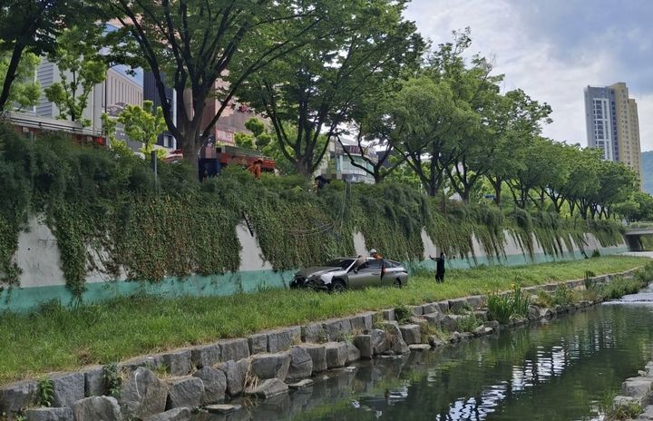 대구시 수성구 지산동에서 차량이 하천 둔치로 추락해 2명이 병원으로 옮겨졌다. 2026.05.12. 대구소방안전본부 제공