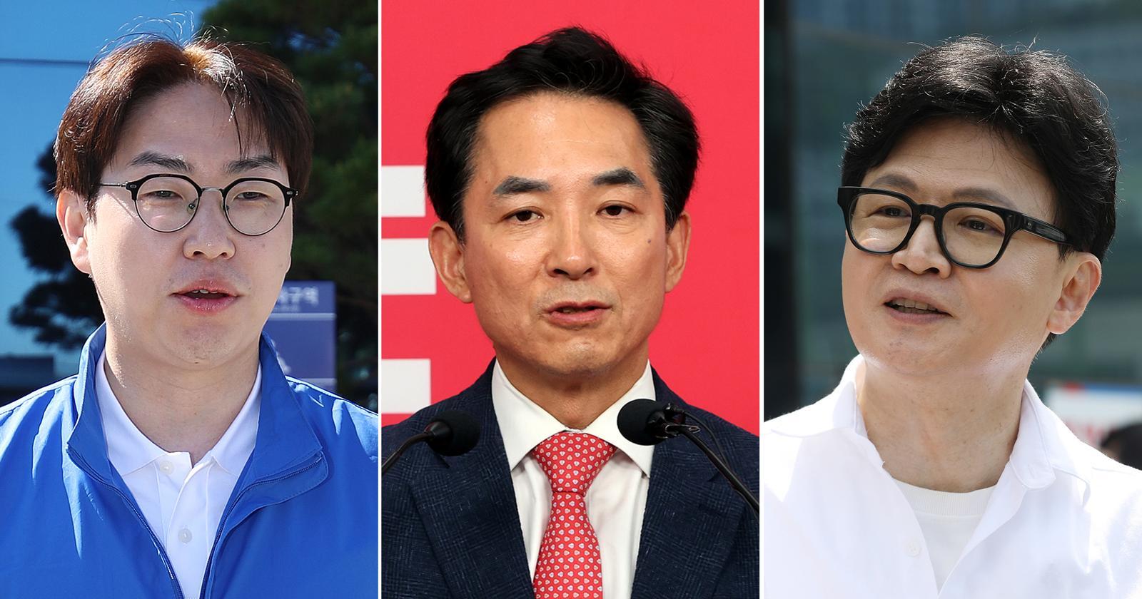 부산 북갑 출마한 하정우 더불어민주당 후보, 박민식 국민의힘 후보, 한동훈 무소속 후보. 뉴스1