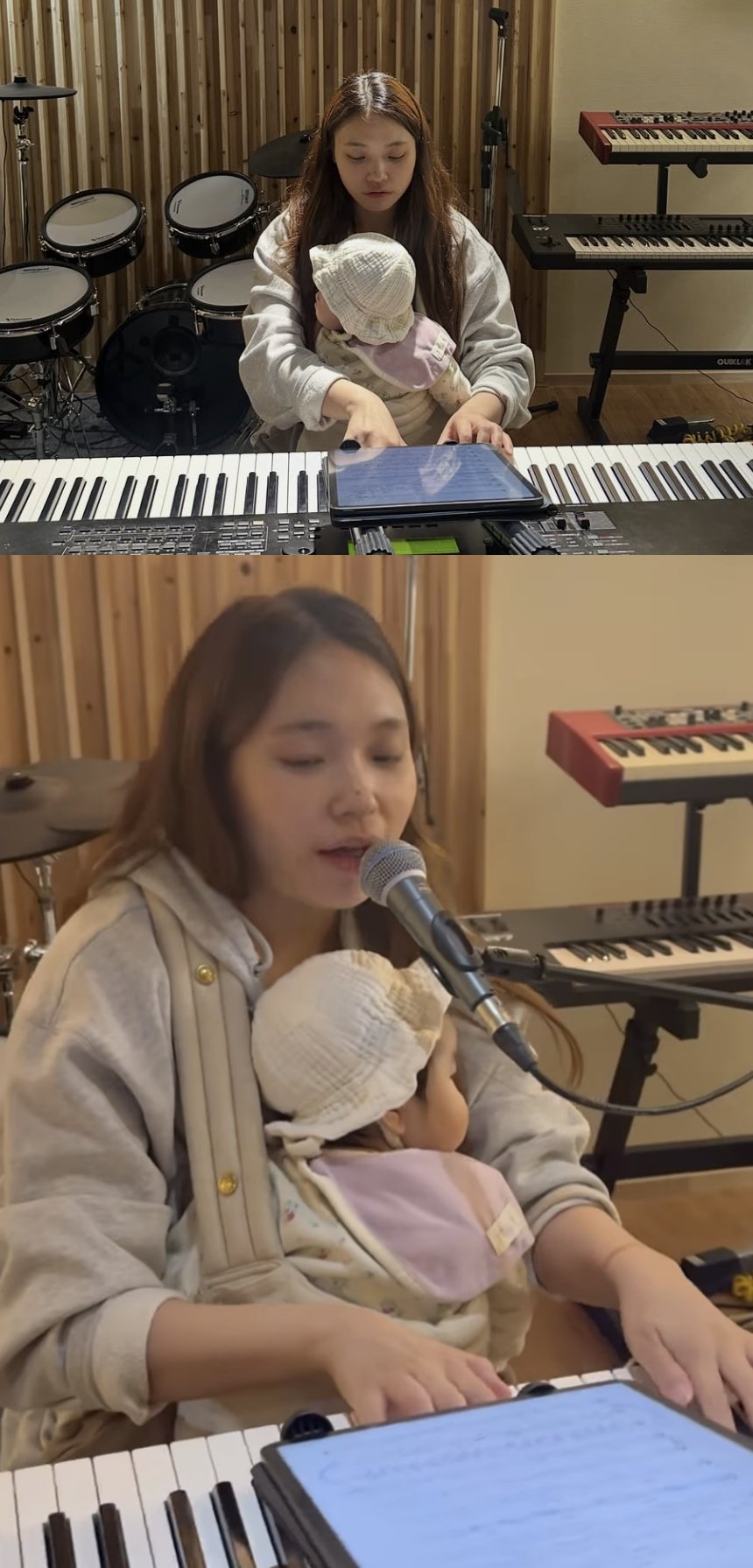 엄마 된 이진아, 아기띠 메고 건반…“엄마 되는 중”