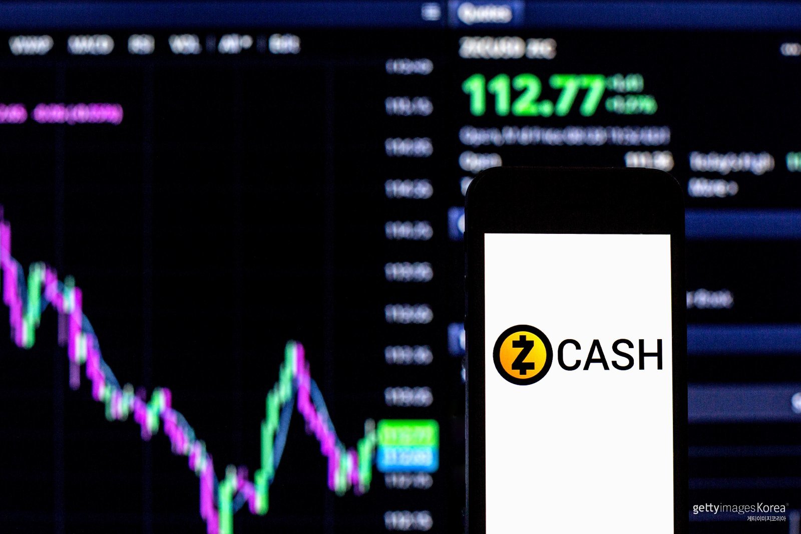 스마트폰 화면에 표시된 지캐시(Zcash) 로고와 가격 차트 모습. 최근 프라이버시 코인인 지캐시가 급등세를 보이며 시장의 주목을 받고 있다. 게티이미지