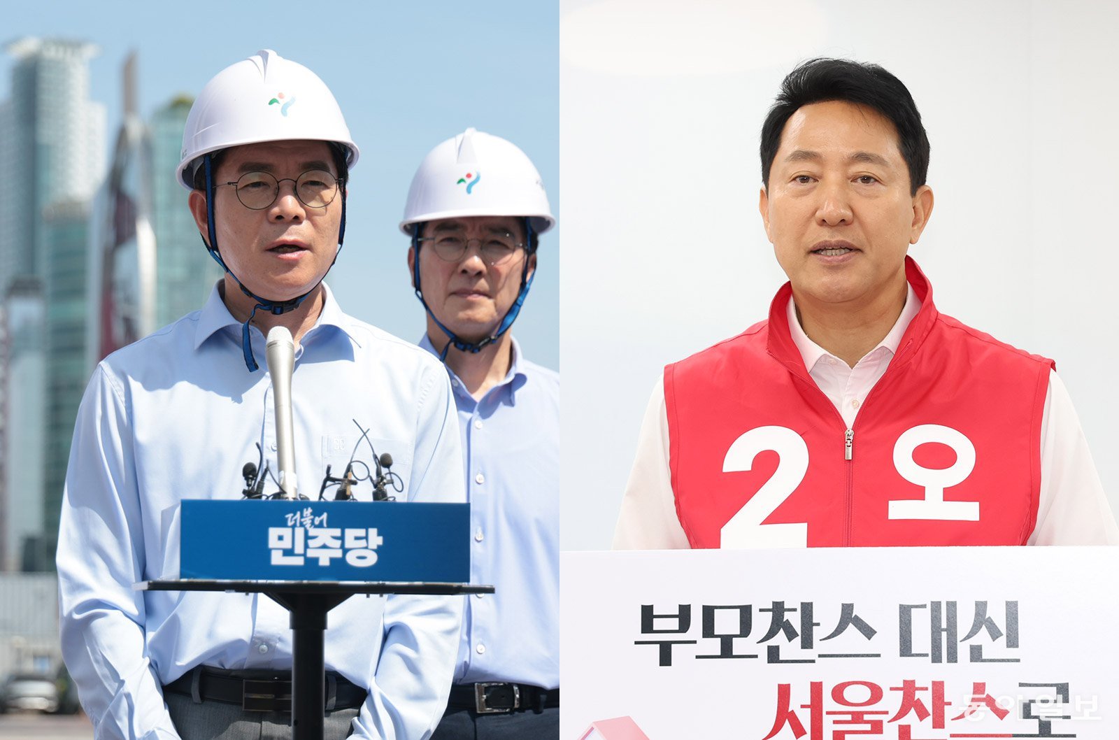 더불어민주당 정원오 서울시장 후보(왼쪽 사진)가 17일 서울 강남구 GTX-A 노선 삼성역 부실공사 현장을 방문해 입장을 밝히고 있다. 오세훈 국민의힘 서울시장 후보가 17일 서울 종로구 후보캠프 사무실에서 내 집 마련 선거공약을 발표하고 있다.  박형기 기자 oneshot@donga.com·김재명 기자 base@donga.com