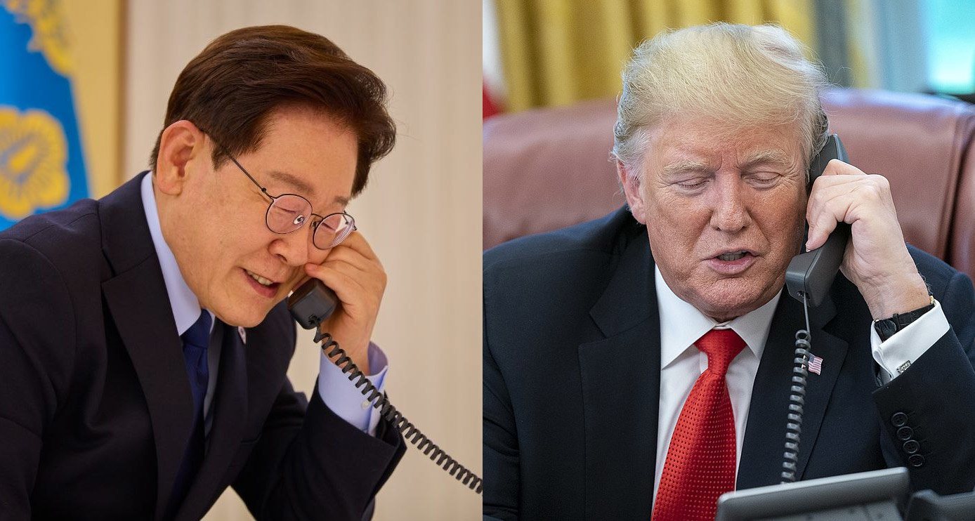 이재명 대통령(왼쪽)이 17일 청와대 관저에서 도널드 트럼프 미국 대통령과 전화 통화를 하고 있다. 청와대 제공·AP 뉴시스 자료사진