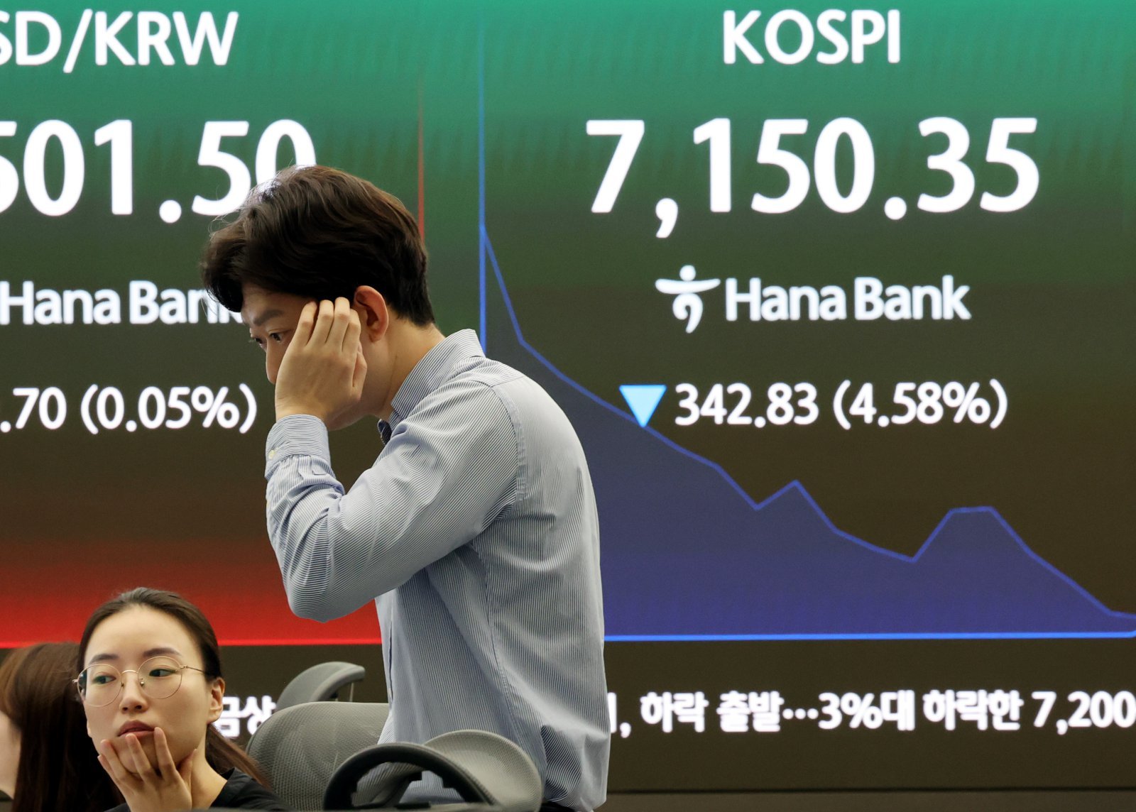 18일 오전 서울 중구 하나은행 딜링룸에서 딜러들이 업무를 하고 있다.  코스피는 전 거래일(7493.18)보다 49.89포인트(0.67%) 하락한 7443.29에 개장 했지만 장중 한때는 7150.35까지 하락해 전 거래일 대비 342.83포인트, 4.58% 급락했다. 2026.05.18 뉴시스