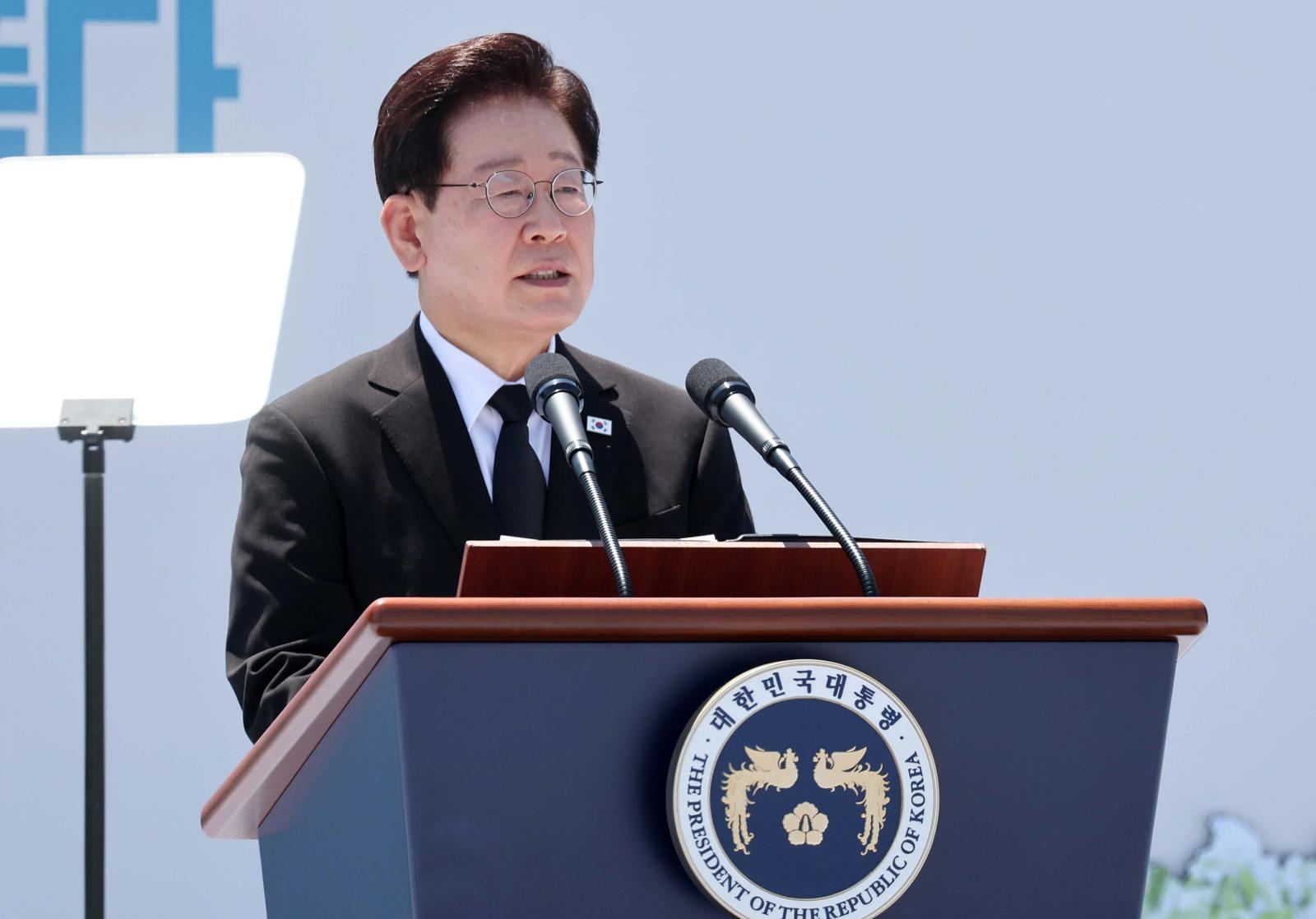이재명 대통령이 18일 5.18 민주광장에서 열린 제 46주년 5.18 민주화운동 기념식에 참석해 기념사를 하고 있다. 2026. 5.18 청와대사진기자단