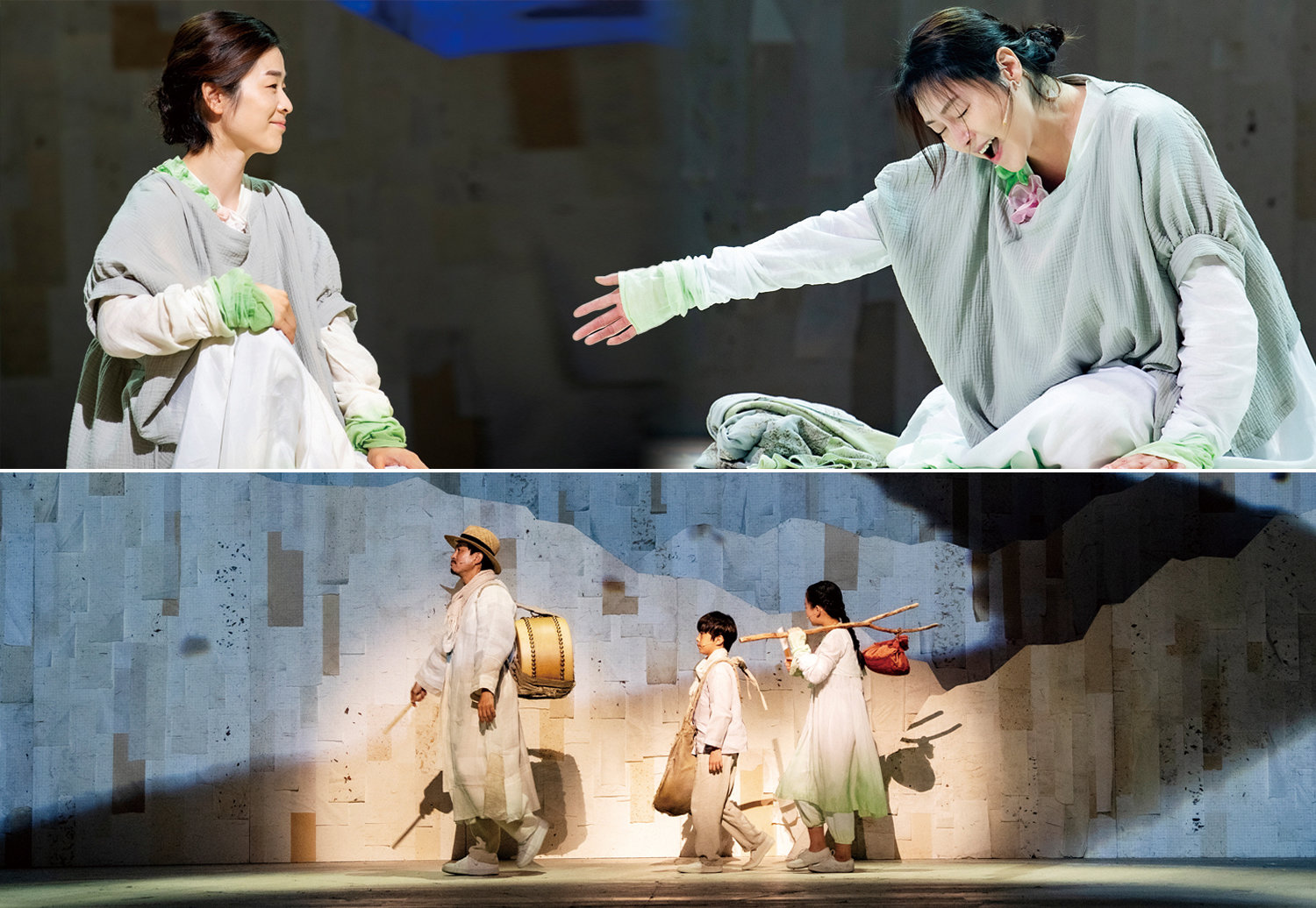 뮤지컬 ‘서편제’에서 아버지의 의해 시력을 잃은 송화를 연기하는 이자람(왼쪽)과 차지연. 송화는 가슴 속 한을 삭여 깊고 절절한 소리를 한다.(위 사진) 소리꾼 유봉(서범석)은 어린 송화, 동호를 데리고 곳곳을 떠돌며 소리를 찾아간다. PAGE1 제공