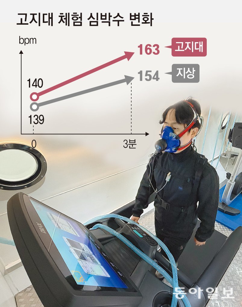 본보 한종호 기자가 서울 송파구 한국스포츠과학원에 설치된 저산소 체임버 안에서 휴대용 호흡가스분석기를 착용하고 트레드밀 위를 달리고 있다. 박형기 기자 oneshot@donga.com