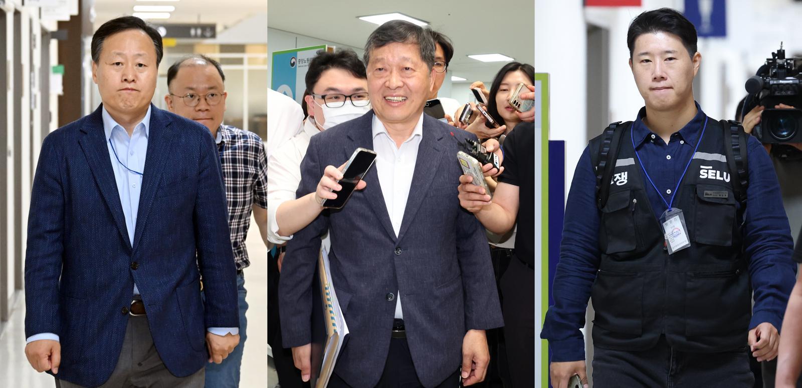 삼성전자 사측 대표교섭위원인 여명구 DS(반도체 부문) 피플팀장(왼쪽부터), 박수근 중앙노동위원장, 최승호 삼성그룹 초기업노동조합 삼성전자지부 위원장이 총파업 예고 시한을 이틀 앞둔 19일 정부세종청사 중앙노동위원회에서 열린 2차 사후조정 최종회의에 참석하고 있다. 2026.5.19 사진공동취재단