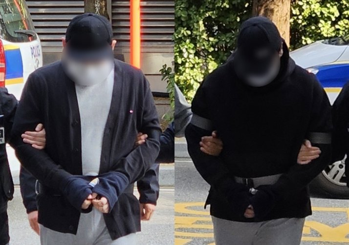 인천 송도국제도시 아파트 지하주차장에서 게임 유튜버 ‘수탉’을 납치해 살해하려 한 혐의를 받는 남성 2명이 29일 오후 인천 미추홀구 인천지법에서 열린 구속 전 피의자 심문(영장실질심사)에 출석하고 있다. 2025.10.29. 인천=뉴시스