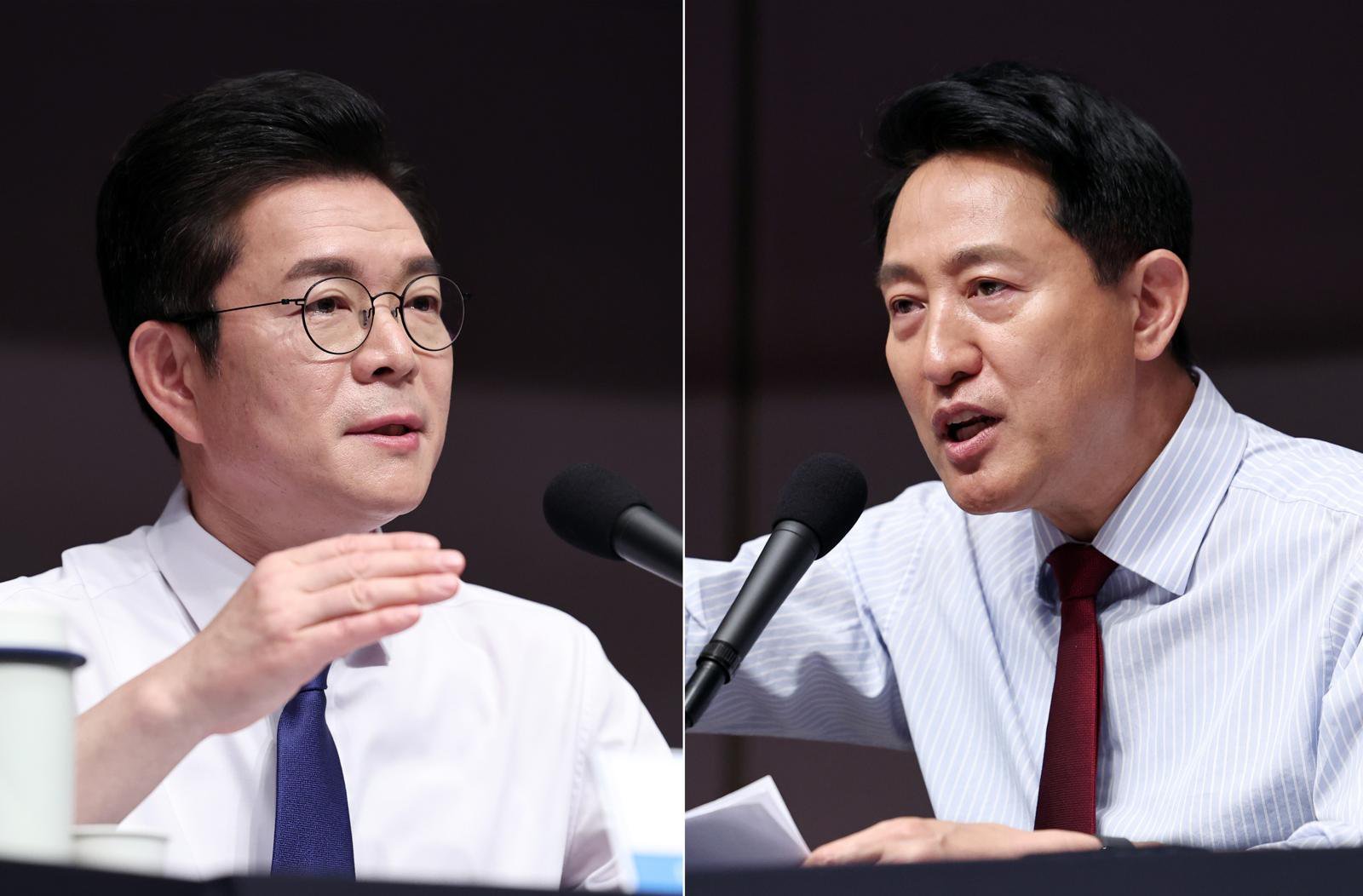 정원오 더불어민주당 서울시장 후보(왼쪽)와 오세훈 국민의힘 서울시장 후보가 20일 오전 서울 중구 한국프레스센터에서 열린 관훈클럽 초청 토론회에서 각각 발언하고 있다. 2026.5.20 ⓒ 뉴스1