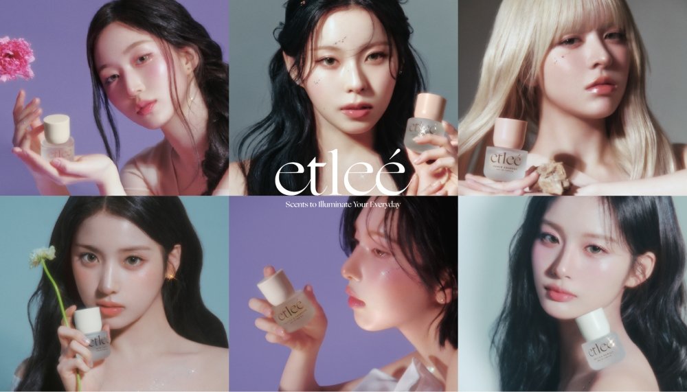 에틀리에(etleé) 브랜드 모델로 발탁된 그룹 엔믹스(NMIXX) 멤버들이 직접 픽(PICK)한 향수를 들고 포즈를 취하고 있다. 사진제공=에틀리에