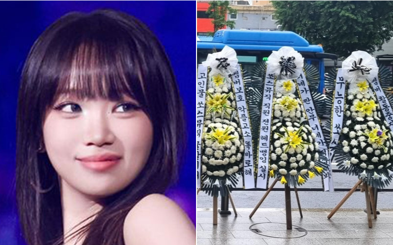 르세라핌 멤버 김채원(왼쪽). 김채원 부상 소식에 팬들은 21일 소속사의 과격한 안무 선택 때문이라며 르세라핌 소속사인 쏘스뮤직 앞으로 근조화환을 보내 항의했다. 뉴시스·X 갈무리