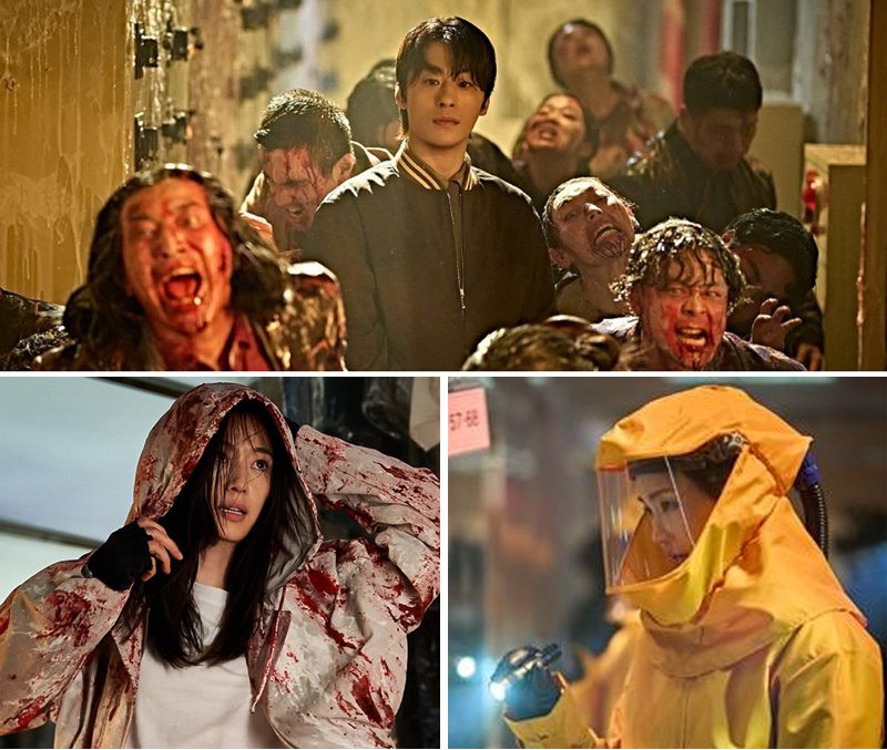 영화 ‘군체’는 ‘부산행’ ‘반도’에 이은 연상호 감독의 좀비 스릴러물이다. ‘군체’ 속 좀비들은 처음엔 짐승처럼 기어다니다가, 점점 진화해 두 발로 걷기 시작하고 사람을 식별하며 집단공격까지 시도한다. 영화는 생명공학자 권세정(전지현·아래 왼쪽 사진)과 생존자들이 자기 몸에 백신을 주입했다고 주장하는 서영철(구교환·위 사진)을 찾아 구조대가 기다리는 옥상으로 향하는 과정을 따라간다. 쇼박스 제공