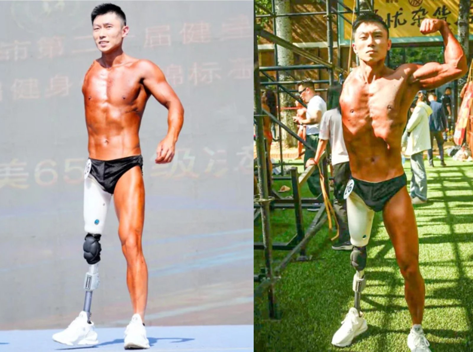 교통사고로 오른팔과 오른 다리를 잃은 중국 남성이 보디빌딩 대회에 참가했다는 사연이 전해졌다. 출처=더우인