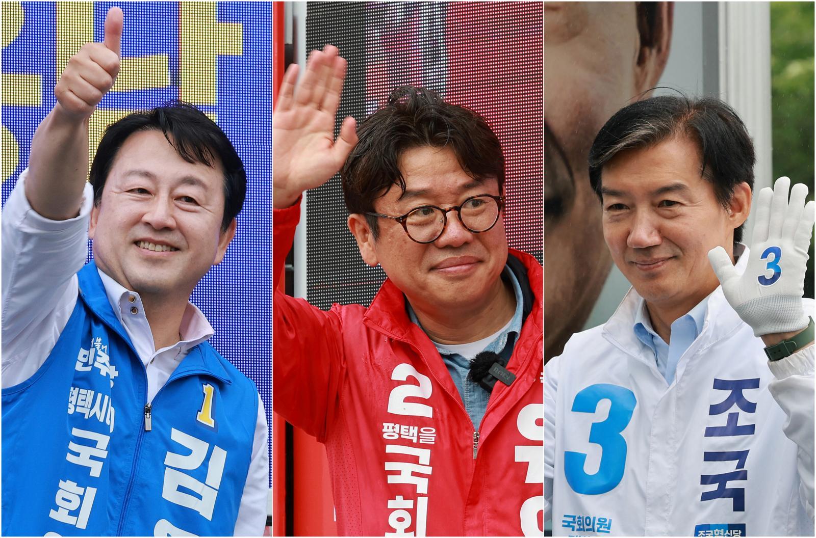 김용남 더불어민주당 경기평택을 국회의원 재선거 후보, 유의동 국민의힘 경기평택을 국회의원 재선거 후보, 조국 조국혁신당 경기평택을 국회의원 재선거 후보가 21일 경기도 평택시 안중시장 인근 및 KTX 경기남부역사 예정 부지 앞에서 각각 공식선거운동 출정식을 갖고 있다. 2026.5.21 ⓒ 뉴스1