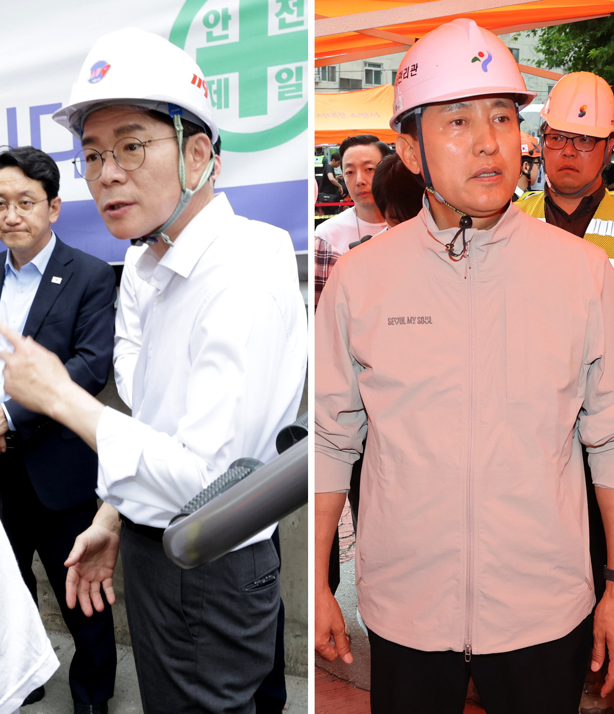 여야 서울시장 후보, 서소문 사고 현장 방문 더불어민주당 정원오 서울시장 후보(왼쪽 사진)와 국민의힘 오세훈 서울시장 후보가 26일 오후 붕괴 사고가 발생한 서울 서대문구 서소문 고가차도 철거 현장을 살펴보고 있다. 변영욱 기자 cut@donga.com·뉴스1