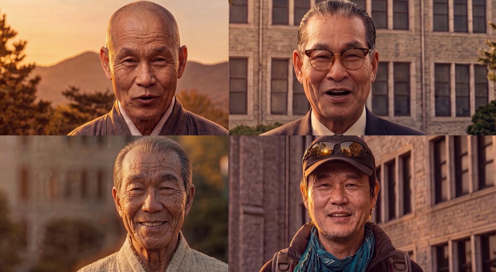 AI로 재현된 졸업생 축사. 왼쪽부터 만해 한용운, 범산 김법린, 미당 서정주. 산악인 박영석 대장. 동국대 제공