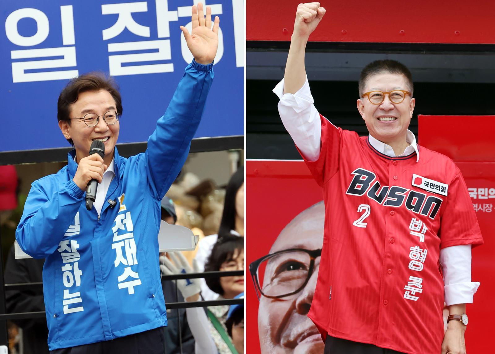 제9회 전국동시지방선거 공식 선거운동 첫날인 21일 부산시장 후보들의 유세 모습. 왼쪽부터 전재수(더불어민주당), 박형준(국민의힘) 후보. 2026.05.22. 부산=뉴시스
