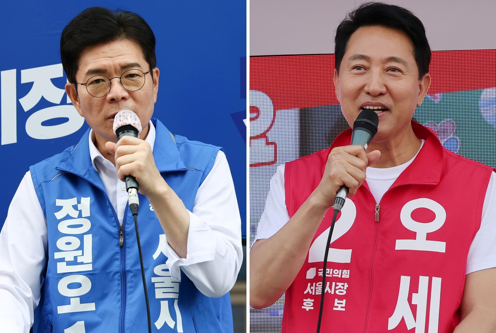 정원오(왼쪽) 더불어민주당, 오세훈 국민의힘 서울시장 후보가 25일 각각 서울 양천구 현대백화점 목동점 앞, 도봉구 홈플러스 방학점 앞에서 지지를 호소하고 있다. 2026.5.25 ⓒ 뉴스1