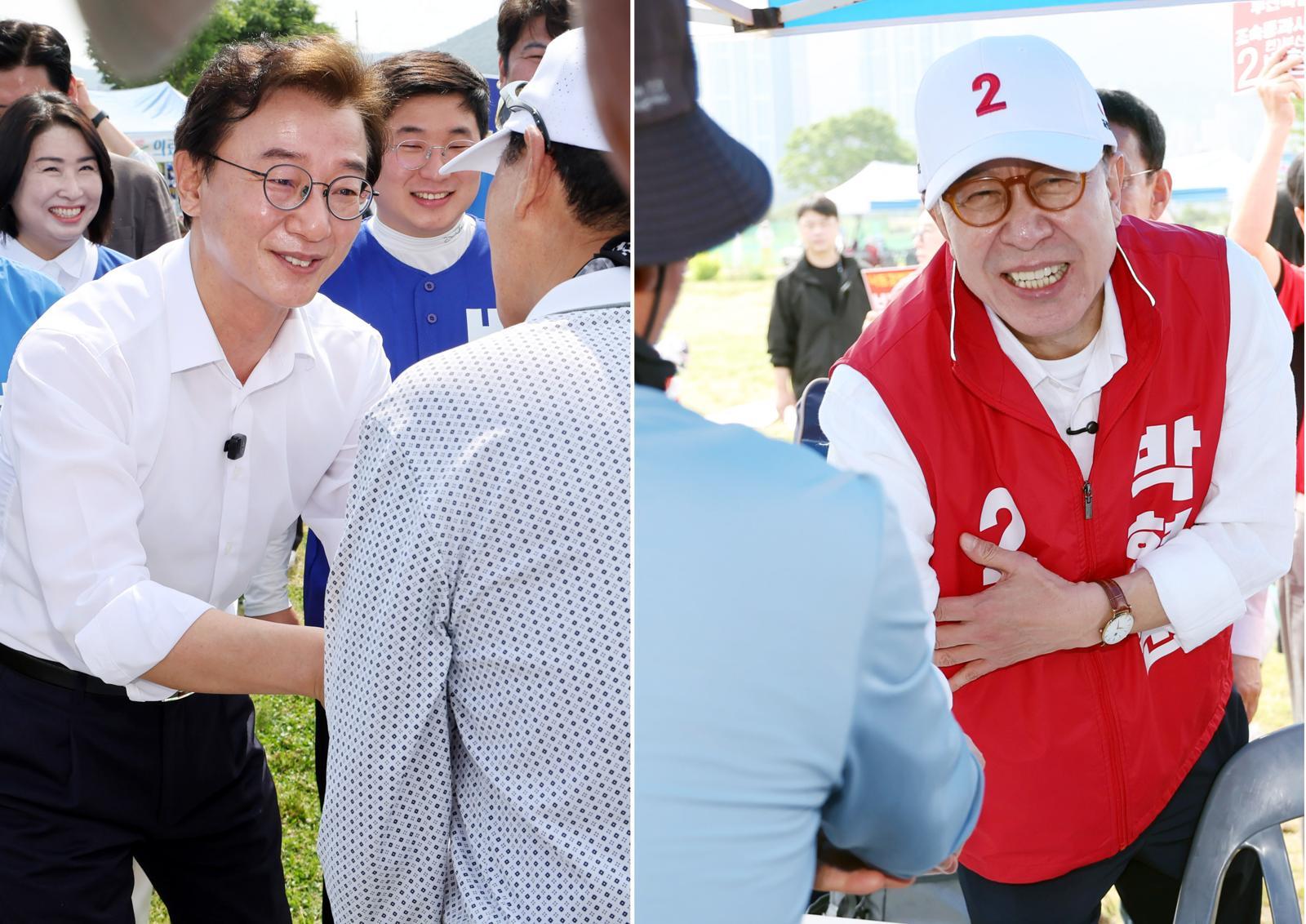 전재수(왼쪽) 더불어민주당 부산시장 후보와 박형준 국민의힘 부산시장 후보가 25일 부산 강서구 대저생태공원 파크골프장에서 열린 부산어르신파크골프축제에 참석, 참가자들과 인사하며 지지를 호소하고 있다. 2026.05.25. 부산=뉴시스