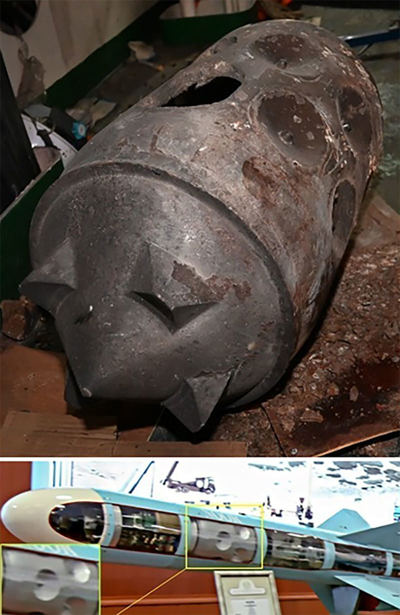 나무호 때린 비행체 박윤주 외교부 1차관은 27일 ‘나무호’ 피격 사건 정밀 조사 결과 “이란에서 개발된 대함미사일일 가능성이 높은 것으로 결론을 내렸다”고 발표했다. 위 사진은 ‘나무호’ 공격 비행체의 탄두이고, 아래 사진은 외교부가 공개한 ‘나무호’ 공격 비행체 제조사(TEM)의 카탈로그 전시용의 모습이다. 외교부 제공