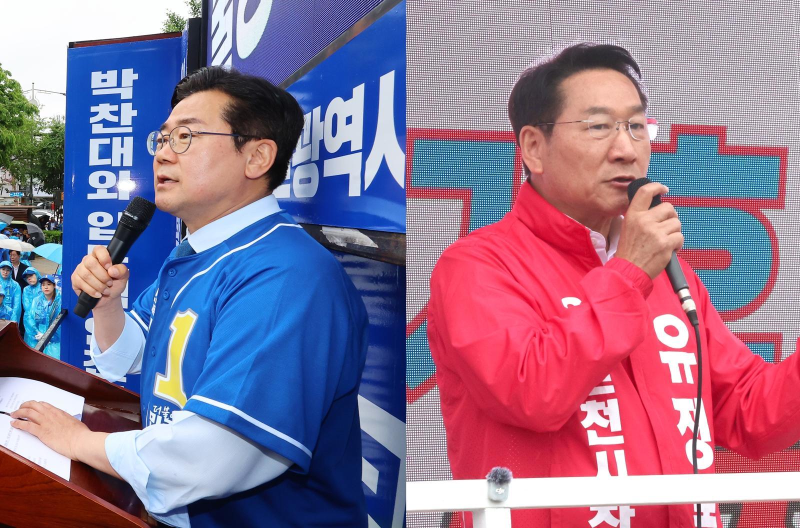 민주당 박찬대 후보(왼쪽). 국민의힘 유정복 후보. 뉴시스
