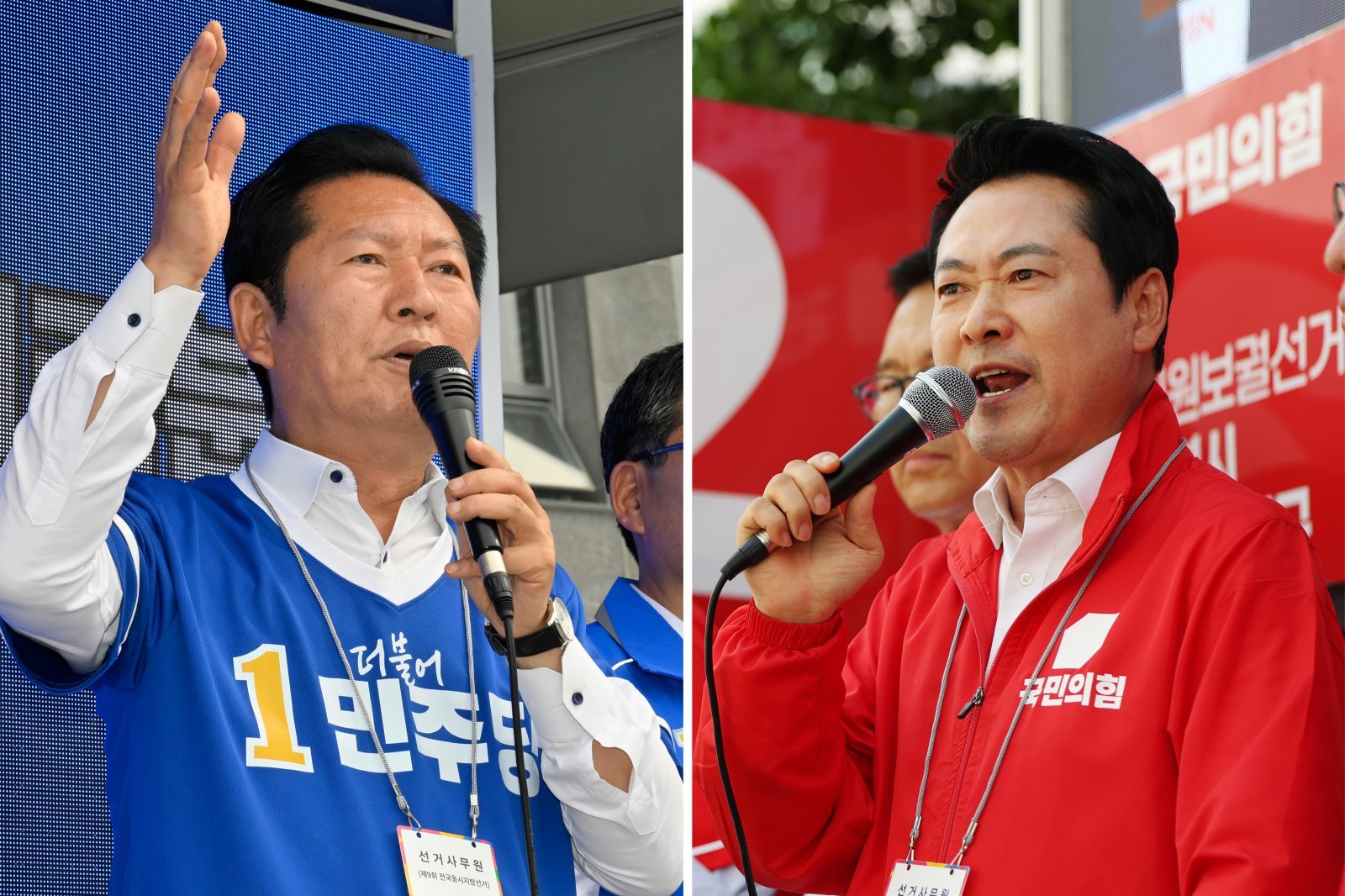 정청래 더불어민주당 총괄상임선거대책위원장과 장동혁 국민의힘 상임선거대책위원장이 24일 각각 전남지역과 인천지역에서 유세 활동을 이어갔다. 사진은 정청래 위원장이 전남 담양시장에서, 장동혁 위원장이 인천 연수 옥련시장에서 유세를 하는 모습. 2026.05.24.서울=뉴시스