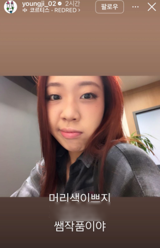가수 이영지가 6·3 지방선거를 앞두고 붉은색으로 염색한 머리를 소셜미디어에 올렸다. 인스타그램 스토리 캡처