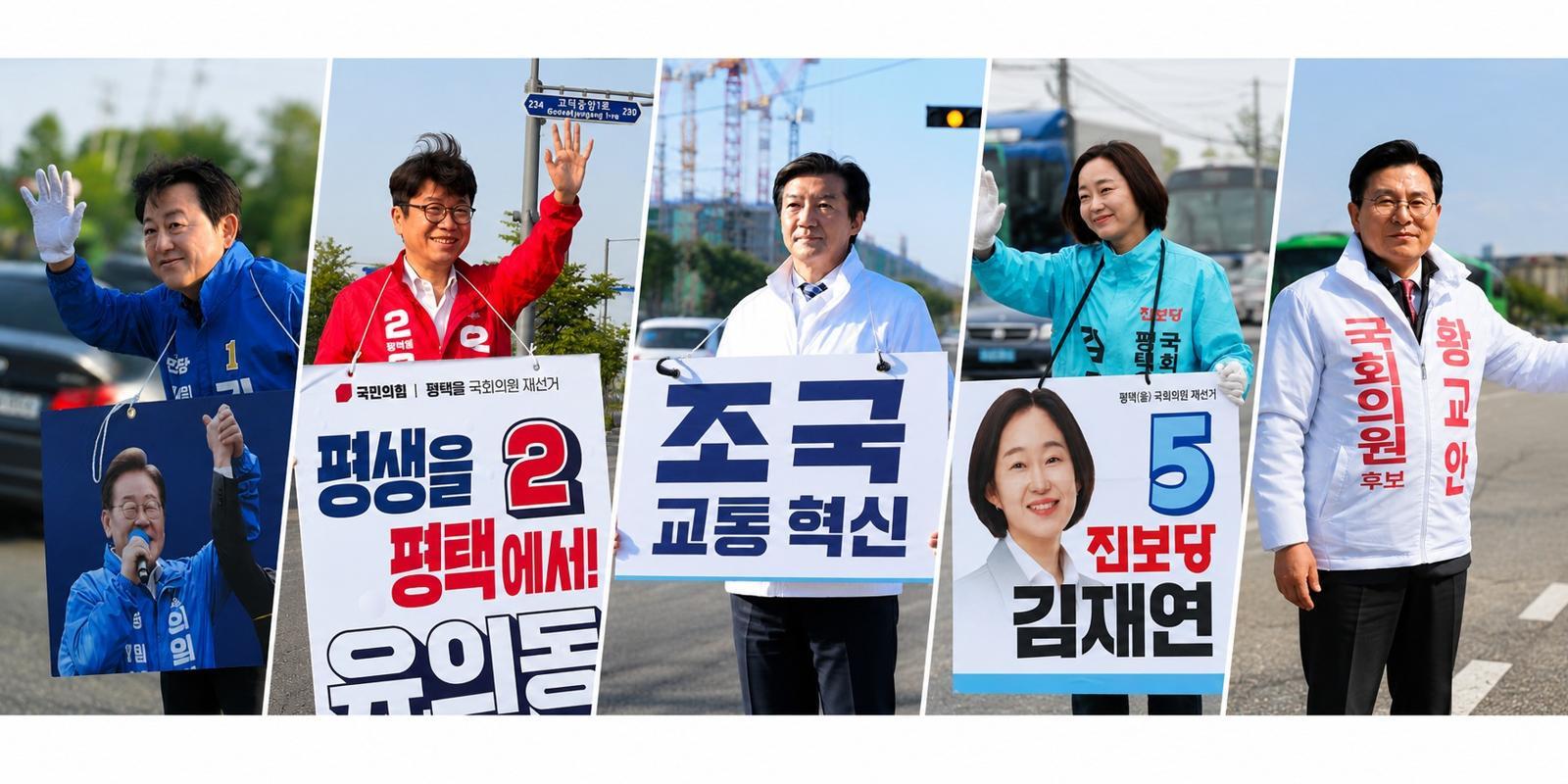 (왼쪽부터)평택을 국회의원 보궐선거에 출마한 김용남 더불어민주당 후보, 유의동 국민의힘 후보, 조국 조국혁신당 후보 김재연 진보당 후보, 황교안 자유와혁신 후보. 각 캠프 제공