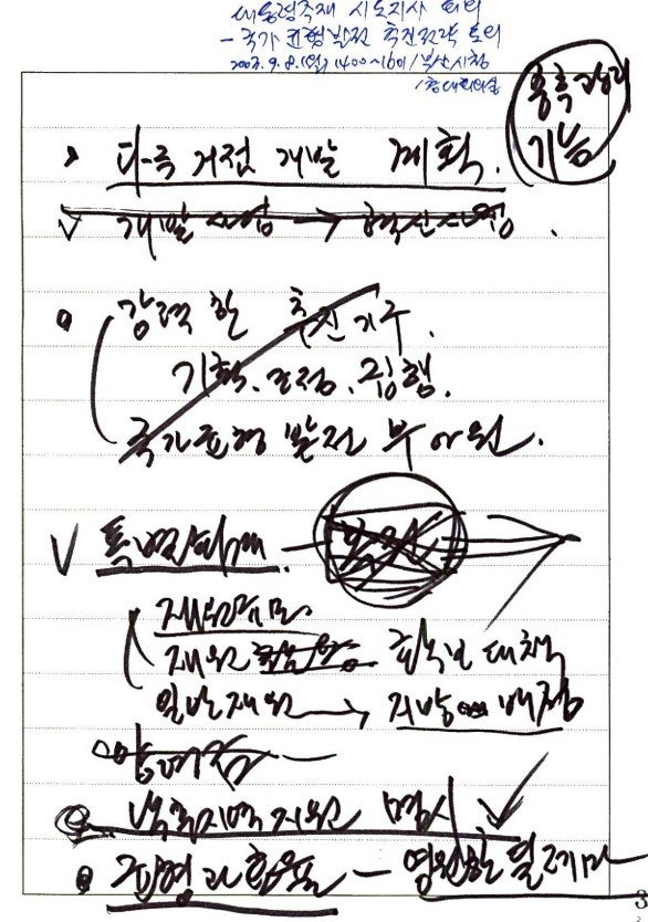 노무현 대통령 친필메모. 2003년 9월 8일 부산시청에서 개최된 대통령 주재 시도지사회의 중 대통령 메모다. 행정안전부 제공