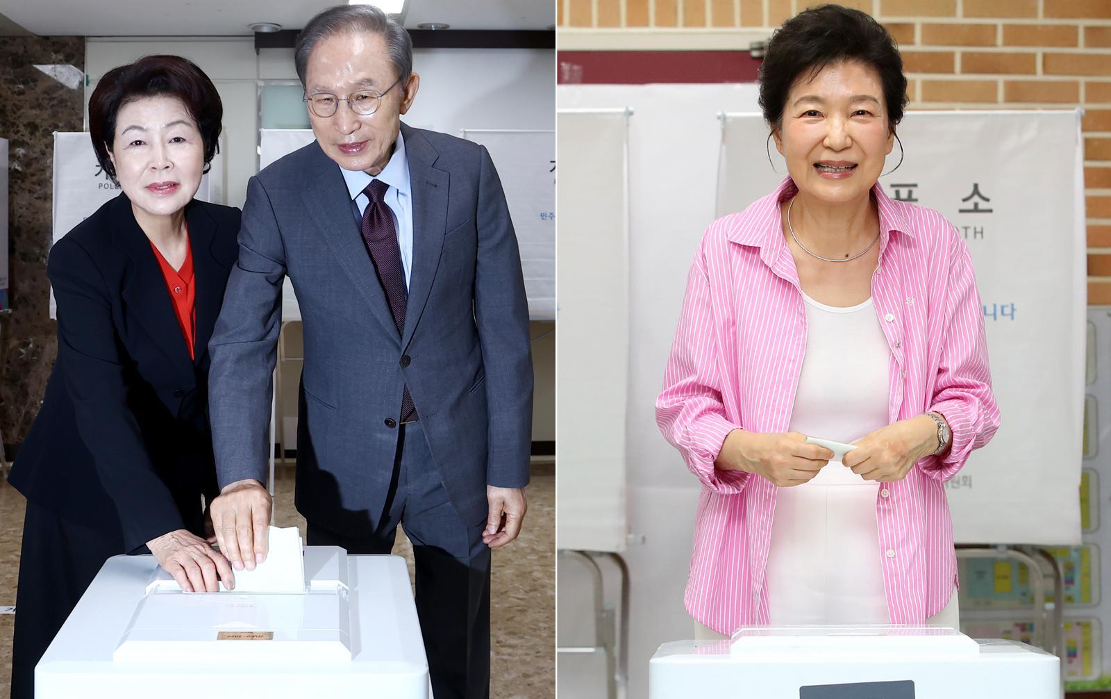 자주색 넥타이 MB-분홍 셔츠 朴, 투표소로…권양숙도 김해서 투표
