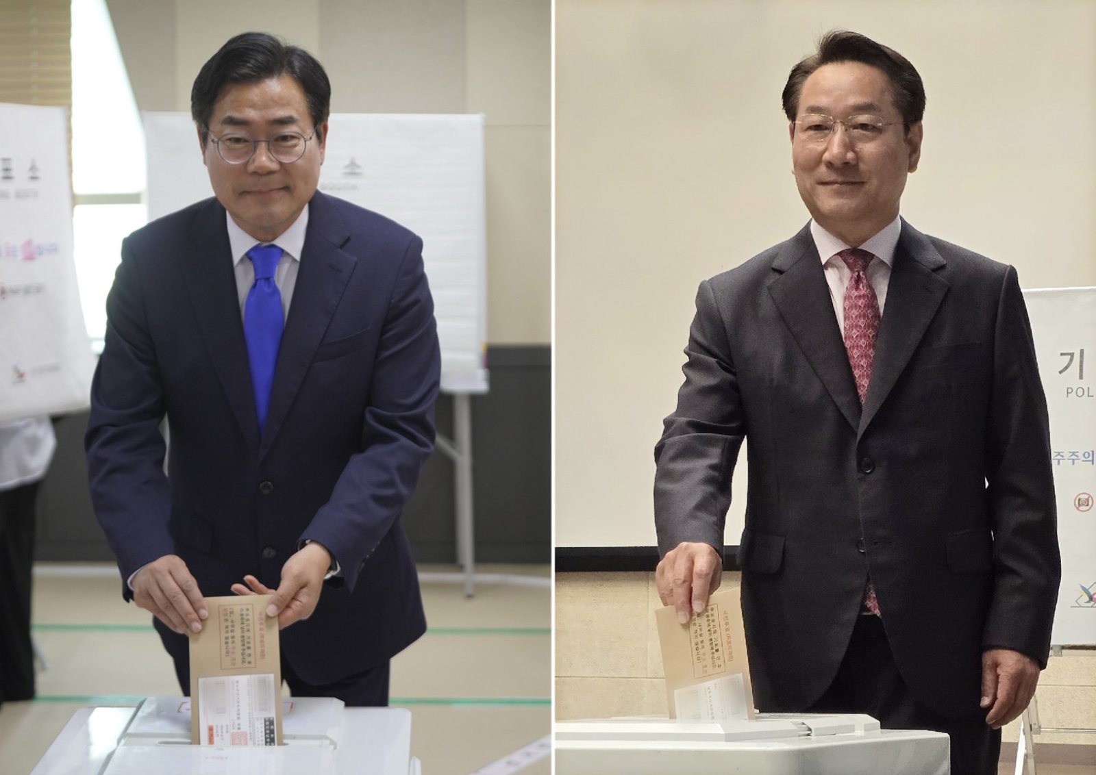 박찬대 더불어민주당 인천시장 후보(왼쪽)와 유정복 국민의힘 인천시장 후보가 29일 각각 인천시 사전투표소인 송도2동 행정복지센터, 문화창작지대에서 투표를 하고 있다. (박찬대후보사진 캠프 제공) 2026.5.29. 뉴스1