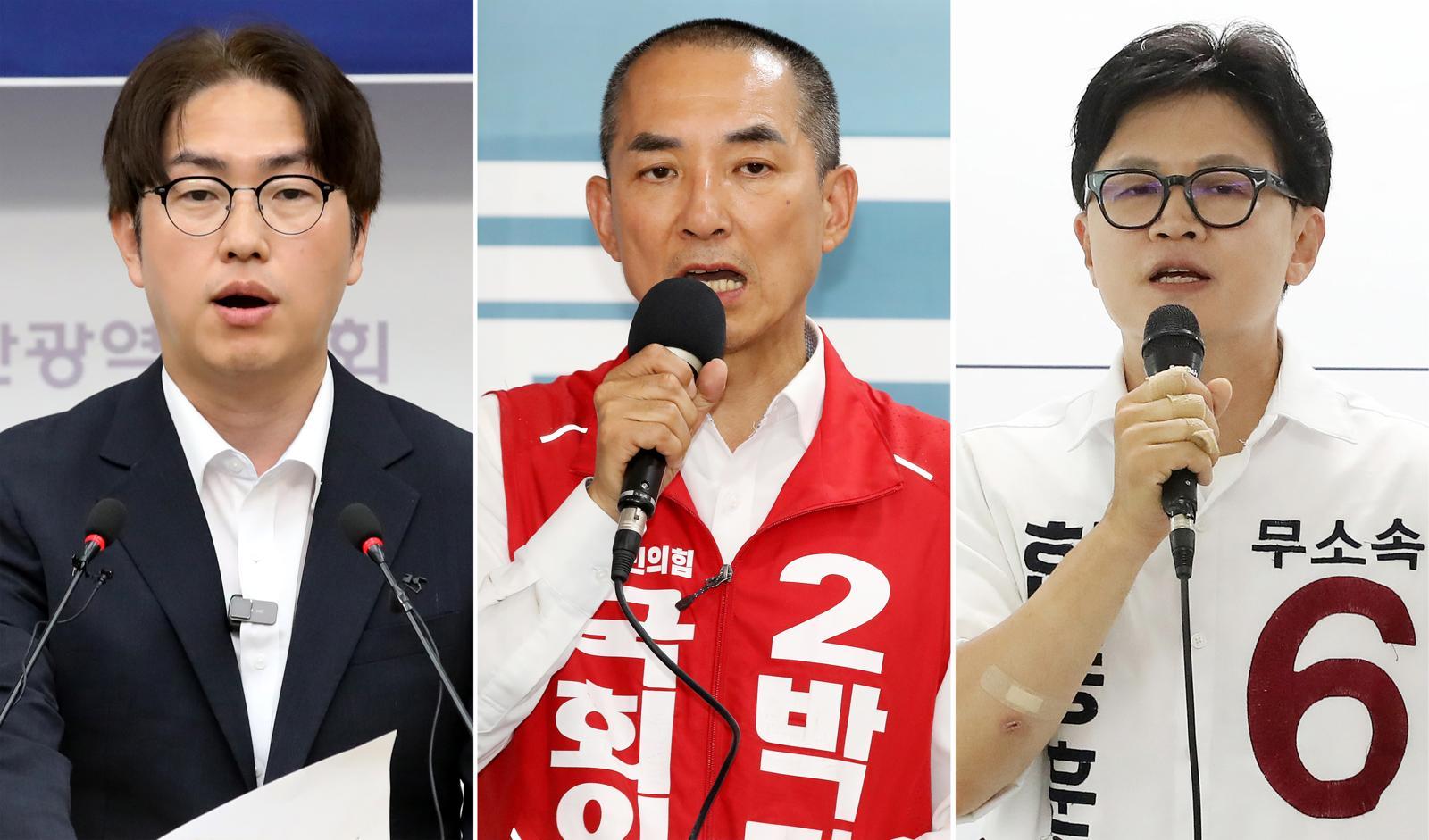부산 북구갑 국회의원 후보들이 지난 1일 기자회견을 열고 지지를 호소하고 있다. 이날 부산시의회 브리핑룸에서 기자회견하는 하정우 더불어민주당 후보(왼쪽부터), 북구 선거사무소에서 기자회견하는 박민식 국민의힘 후보, 북구 선거사무소에서 기자회견하는 한동훈 무소속 후보. 2026.6.1. 뉴스1