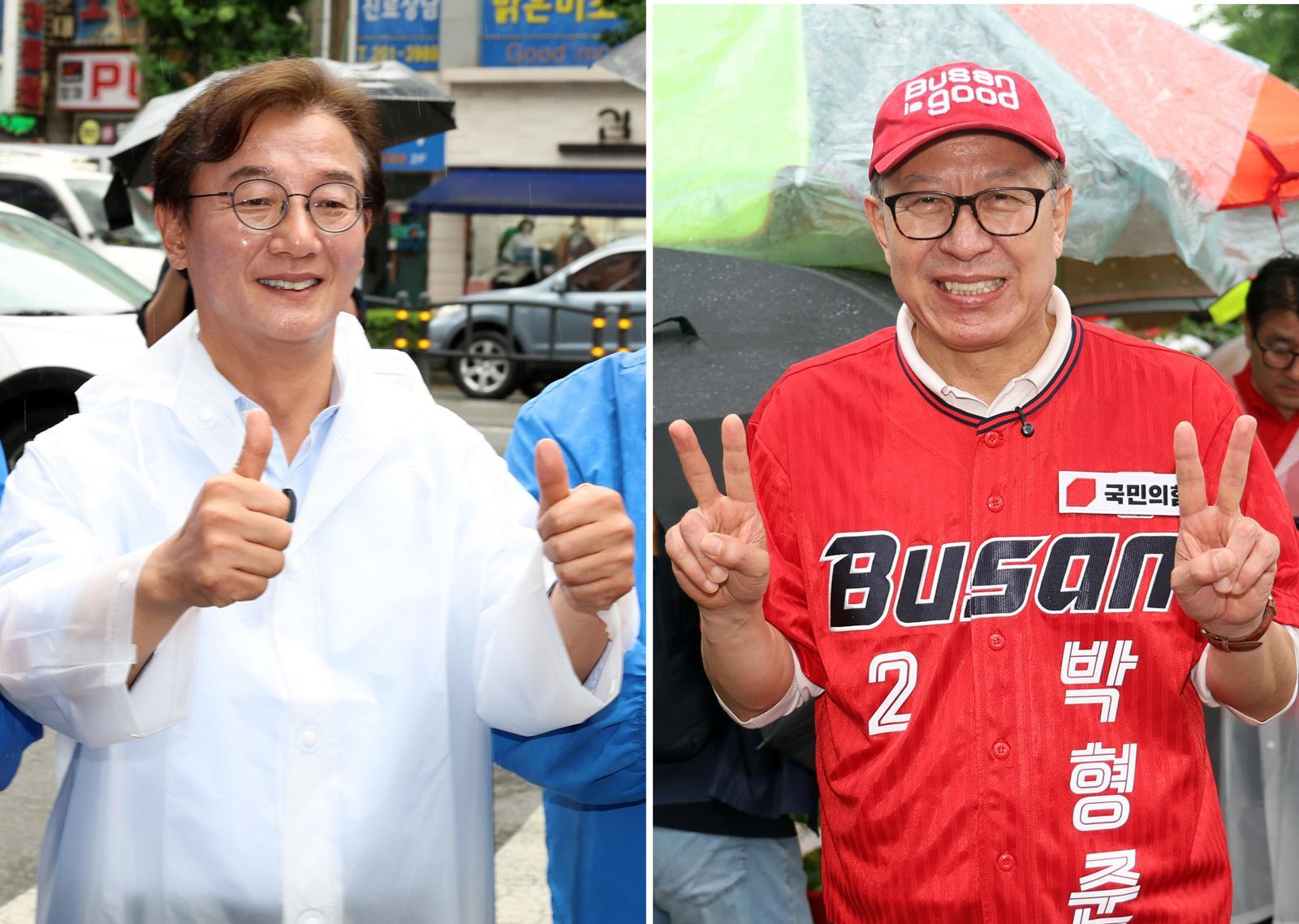 제9회 전국동시지방선거를 하루 앞둔 2일 부산시장 후보들이 막바지 표심 잡기에 나섰다.   왼쪽부터 전재수 더불어민주당 후보와 박형준 국민의힘 후보가 각자의 기호를 찍어달라고 호소하고 있다. 2026.06.02. 뉴시스