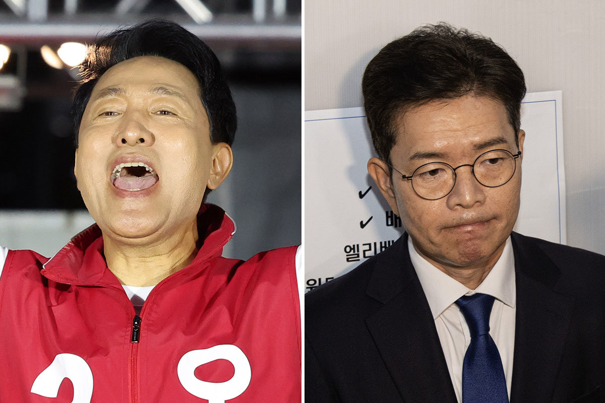오세훈(왼쪽) 국민의힘 서울시장 후보가 지난 2일 서울 서대문구 신촌역 스타광장에서 파이널 유세를 하며 지지를 호소하고 있다. 정원오(오른쪽) 더불어민주당 서울시장 후보가 4일 서울 중구에 마련된 선거사무소에서 낙선 인사를 마친 뒤 엘리베이터를 타고 이동하고 있다. 뉴시스·뉴스1