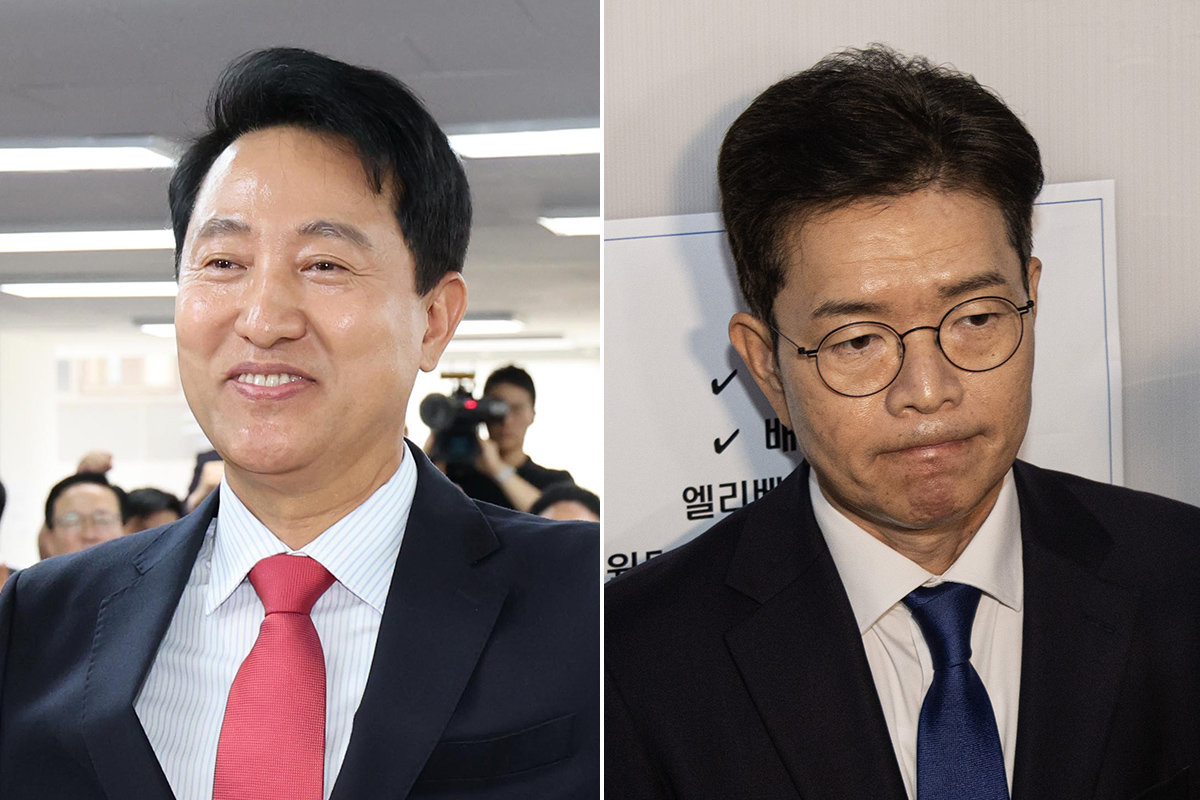 서울시장 당선이 확실시된 오세훈(왼쪽) 국민의힘 후보가 4일 오전 서울 종로구 선거사무실에서 꽃다발을 들고 포즈를 취하고 있다. 정원오(오른쪽) 더불어민주당 서울시장 후보가 4일 서울 중구에 마련된 선거사무소에서 낙선 인사를 마친 뒤 엘리베이터를 타고 이동하고 있다. 뉴시스·뉴스1